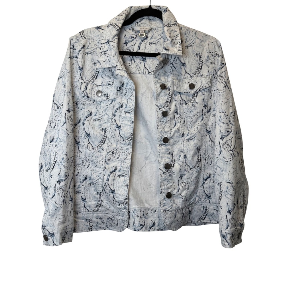 W Lane Denim Jacket Size 12 Paisley Print Blue White Jean Button Up
